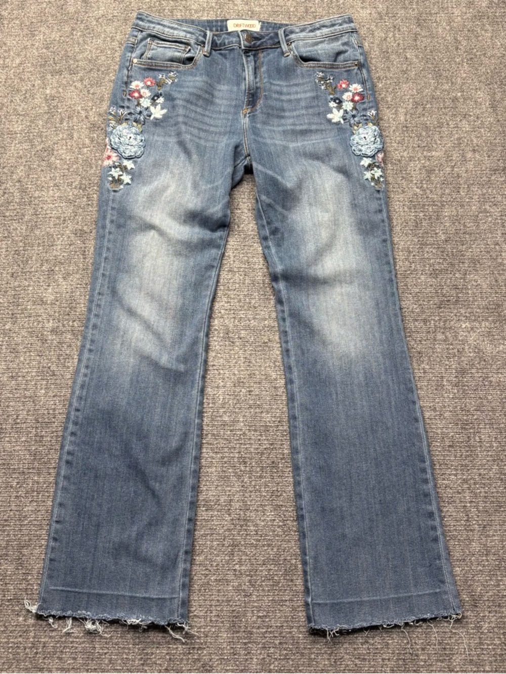 Driftwood Jeans Women 31 Blue Kelly Bootcut Embroidered Floral Whiskered Raw Hem